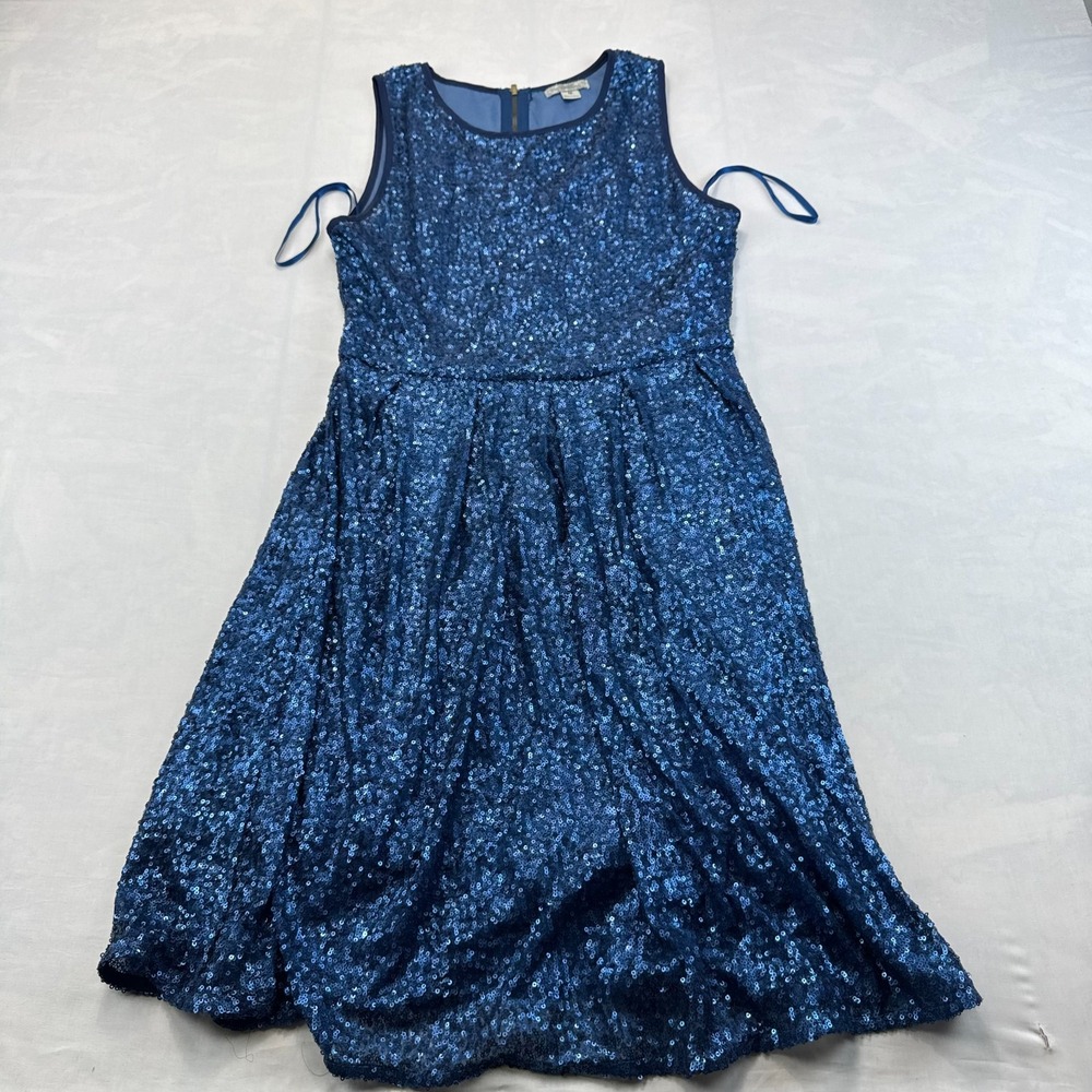 ISSI Fit & Flare Sequin Dress Womens M Blue Sleeveless Back Zip Party Cocktail